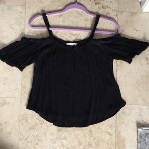 Black off-the-shoulder blouse with lace trim